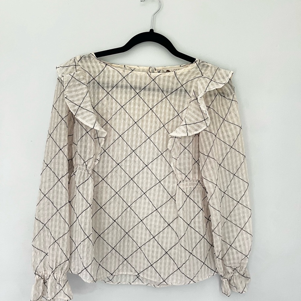 Ann Taylor LOFT Ruffle Black White Windowpane Long Sleeve Sheer Blouse  XXS